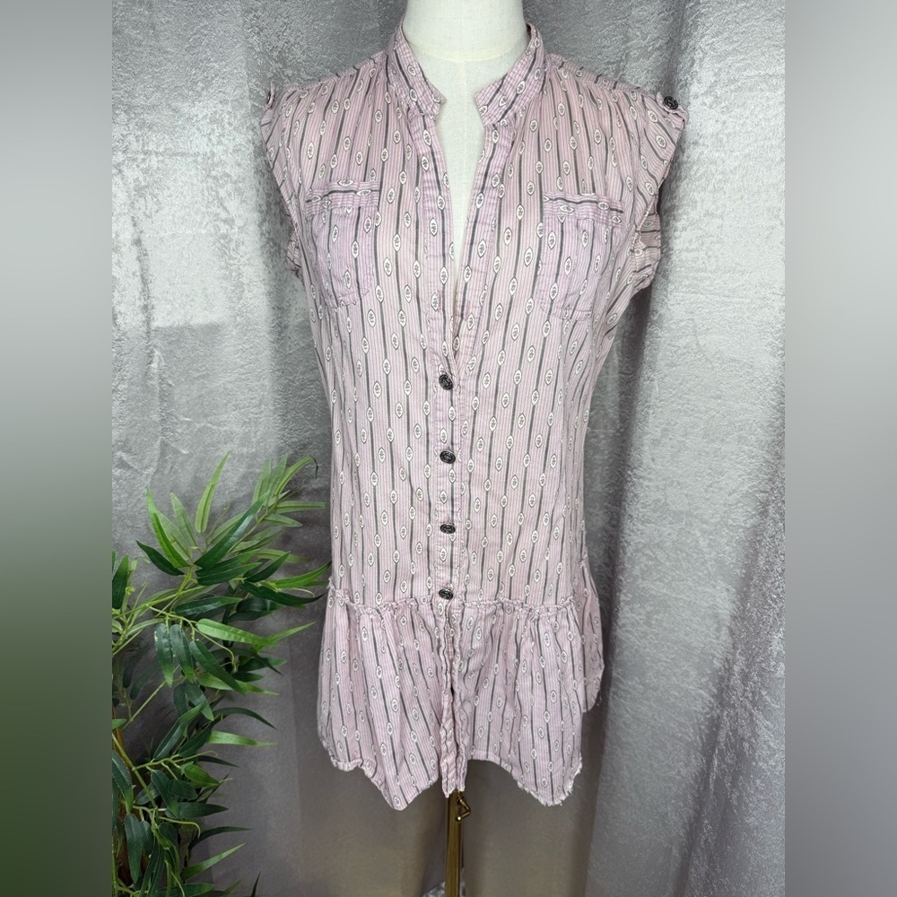 Free People Women’s Striped Floral Button-Down Tunic Top Pink Sz M